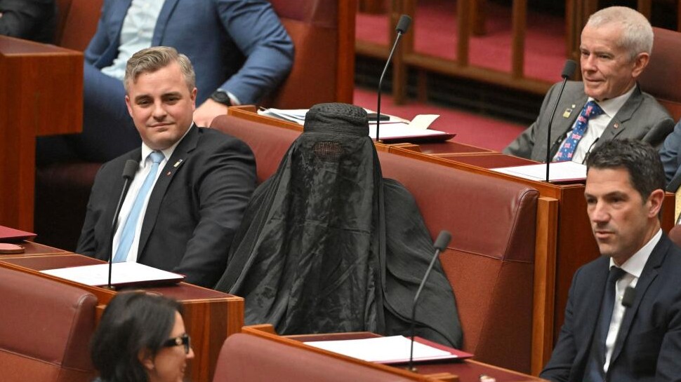 Senators react as One Nation leader Pauline Hanson wears a burqa in the Senate chamber at Parliament House in Canberra, Australia.Credit: Reuters Photo
Read more at: https://www.deccanherald.com/world/australian-senator-suspended-for-burqa-wearing-stunt-in-parliament-2-3809979