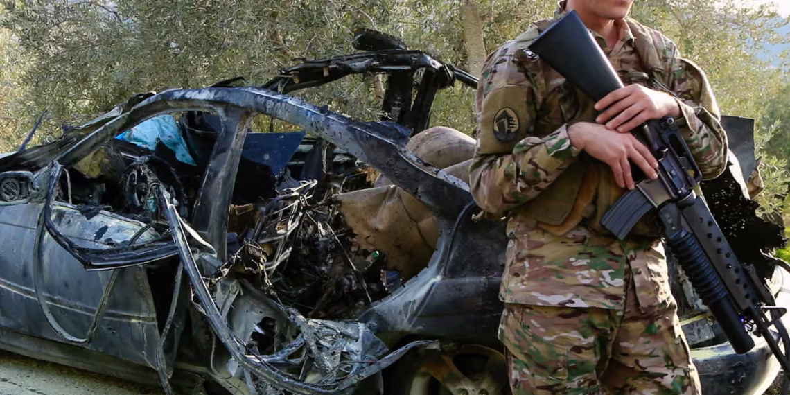 A Lebanese soldier guards a car hit by an Israeli drone strike in Aatqanit, southern Lebanon, 22 December 2025. Photograph: EPA