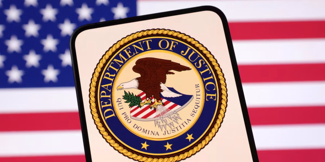 United States Department of Justice logo and U.S. flag are seen in this illustration taken April 23, 2025. REUTERS