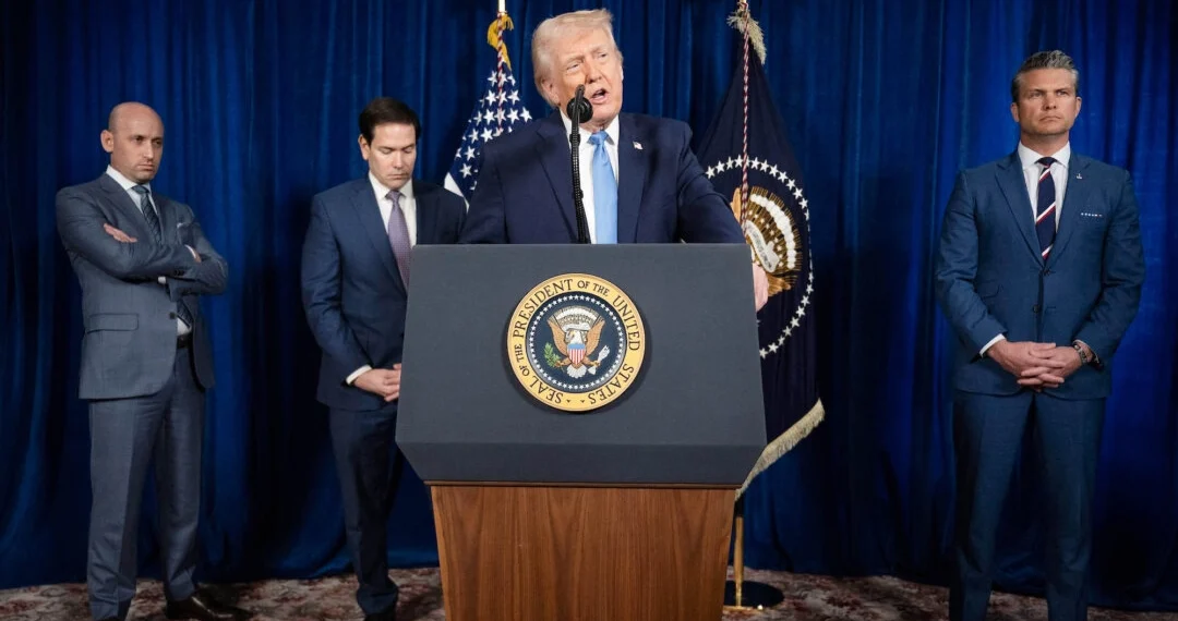 President Donald Trump, alongside (L–R) Deputy Chief of Staff Stephen Miller, Secretary of State Marco Rubio, and Secretary of War Pete Hegseth, speaks to the press following U.S. military actions in Venezuela, at his Mar-a-Lago residence in Palm Beach, Fla., on Jan. 3, 2026. Jim Watson/AFP via Getty Images